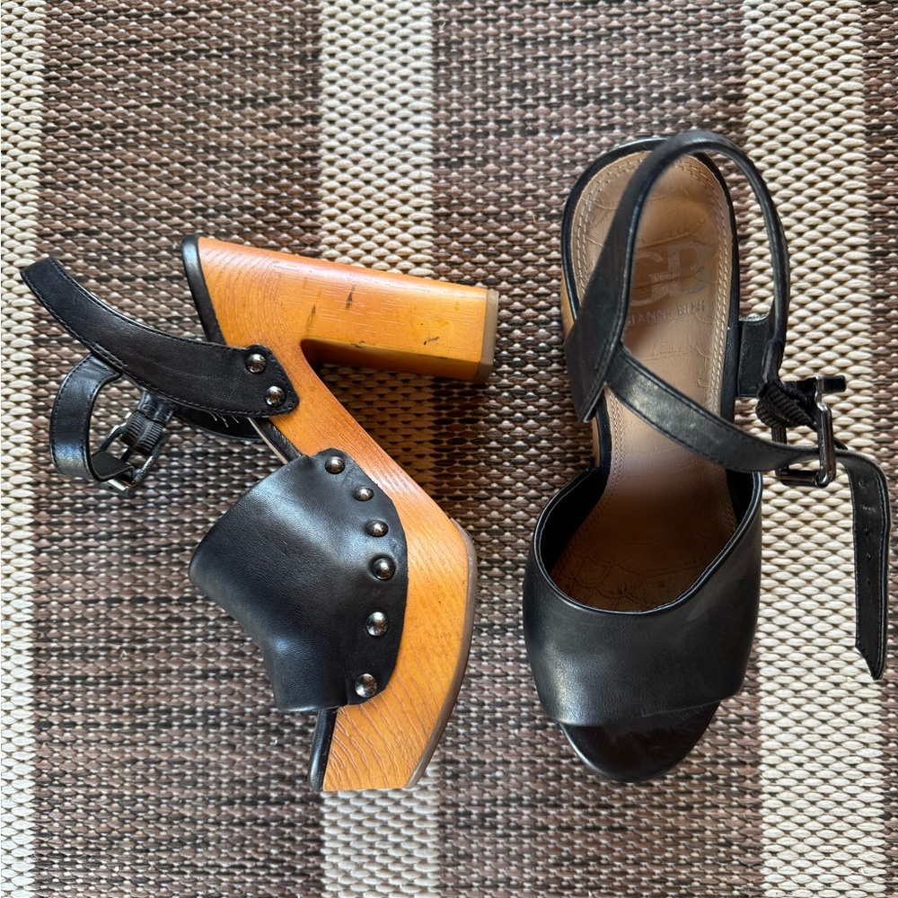 Black leather studded wood platform heels